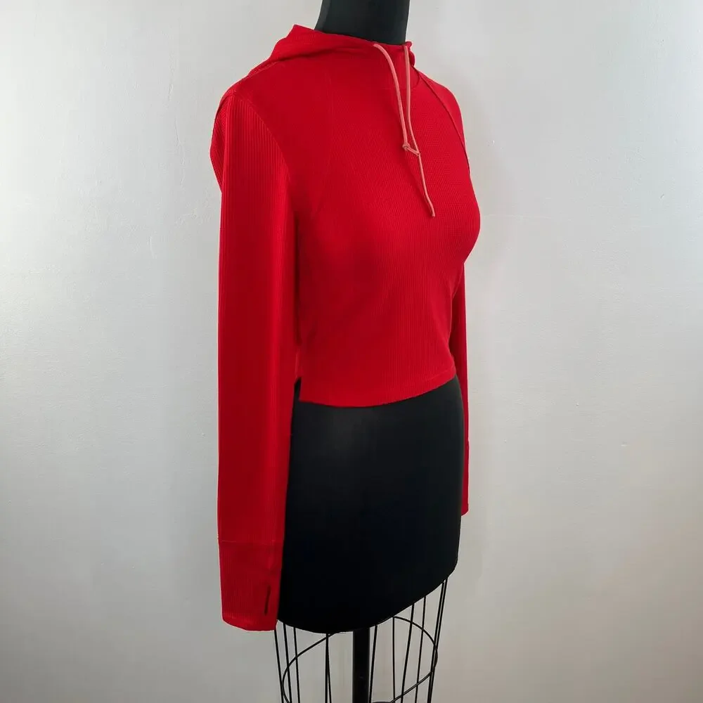 Free People Movement Red Ribbed Glamp Cut Out Hoodie Cropped Pullover Sweater XS